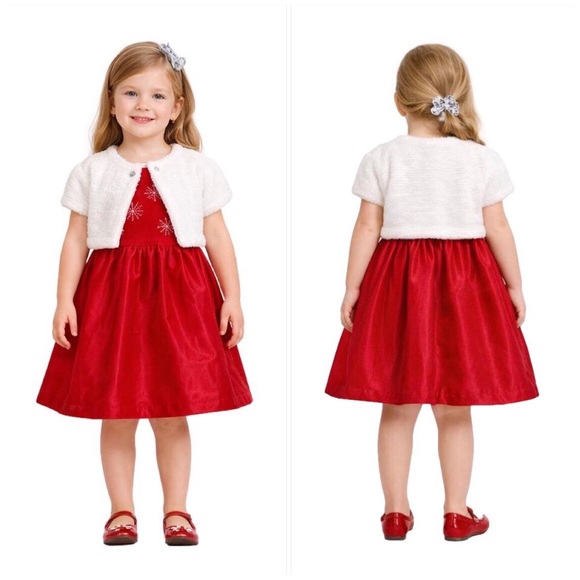 Red Velvet Party Dress White Faux Fur Shrug & Bow - Picture 4 of 14